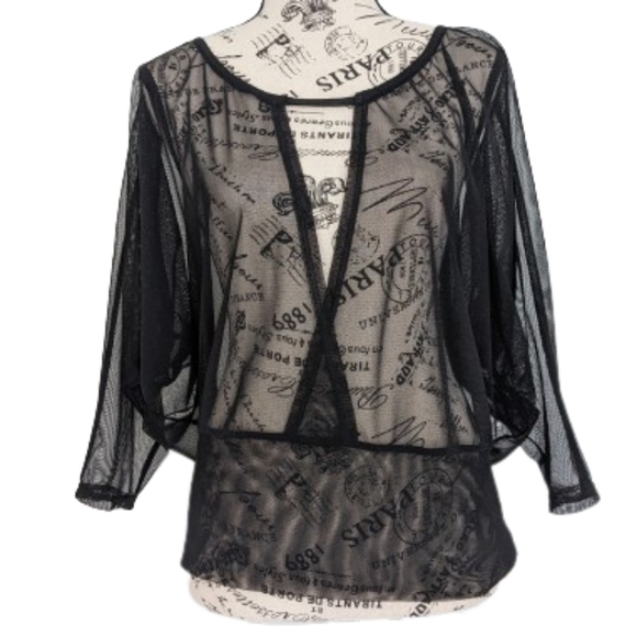 Tops - Black mesh sheer bat sleeves top